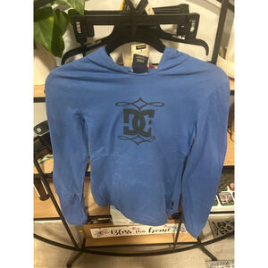 Vintage Women's DC Blue Hoodie Sweatshirt with Black Logo M